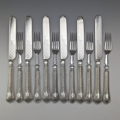 Antique British silver plate dessert cutlery set of 6, circa 1865